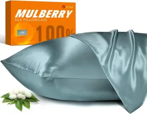 100% Mulberry Silk Pillowcase for Hair and Skin, 22 Momme Pure Natural Silk Pillow Case Both Sided with Zipper, Pillow Cover for Women Mom Men (Airy Blue, Standard 20''×26'')
