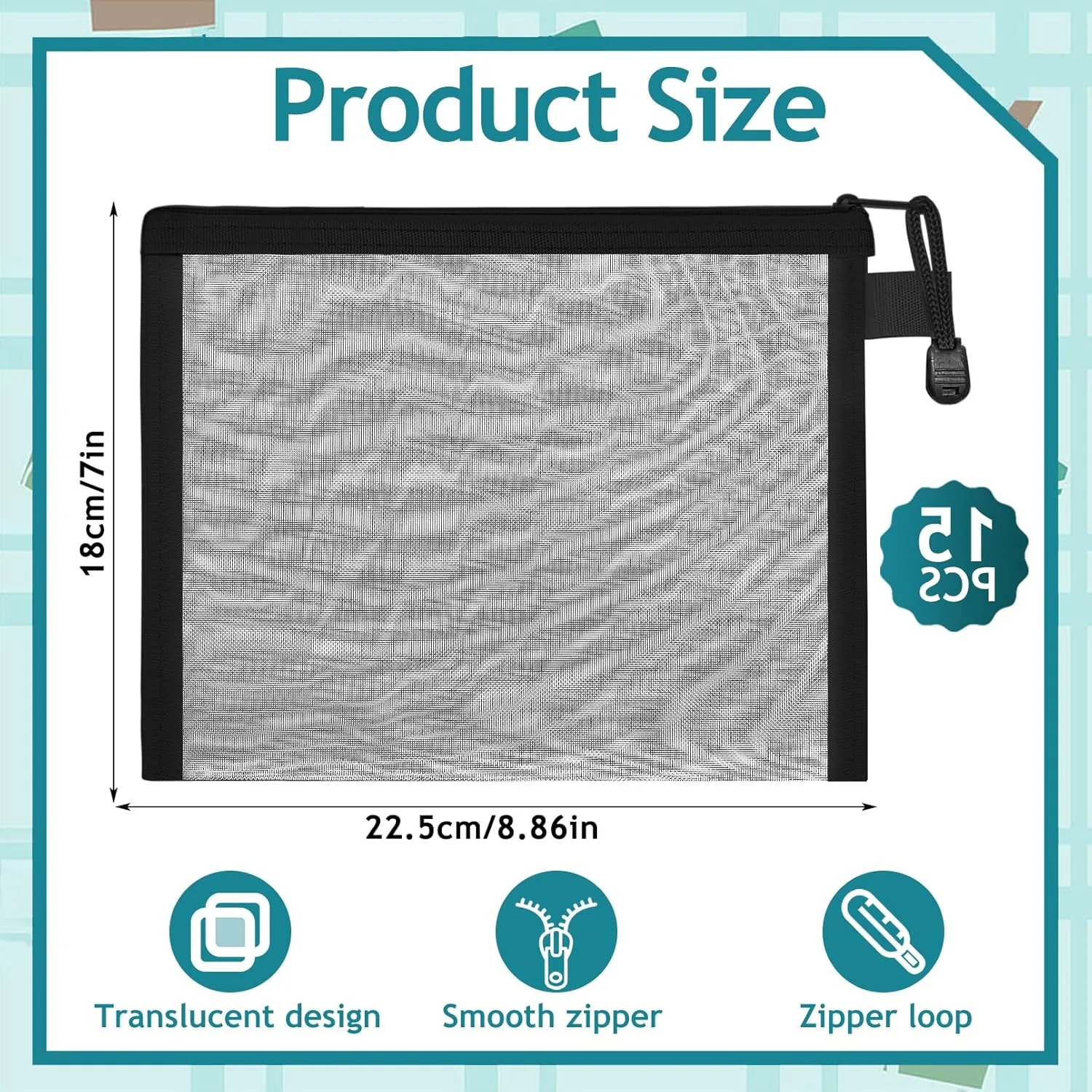 15 Pcs Mesh Zipper Pouch Bags,Black Makeup Bags,Zipper Nylon Mesh Pouch,Nylon Mesh Cosmetic Bags,Portable Makeup Pouches Organizing for Travel and Office Supplies(Black, 8.8x 7 Inch)