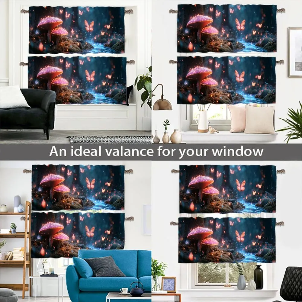 2 Panels Jungle Stream Fantasy Curtain Valance for Windows, Butterfly Mushroom Plant Rod Pocket Short Window Treatment Decor Drapes for Kitchen, Bathroom, 54" X 18"
