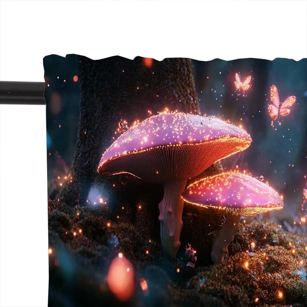 2 Panels Jungle Stream Fantasy Curtain Valance for Windows, Butterfly Mushroom Plant Rod Pocket Short Window Treatment Decor Drapes for Kitchen, Bathroom, 54" X 18"