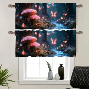 2 Panels Jungle Stream Fantasy Curtain Valance for Windows, Butterfly Mushroom Plant Rod Pocket Short Window Treatment Decor Drapes for Kitchen, Bathroom, 54" X 18"