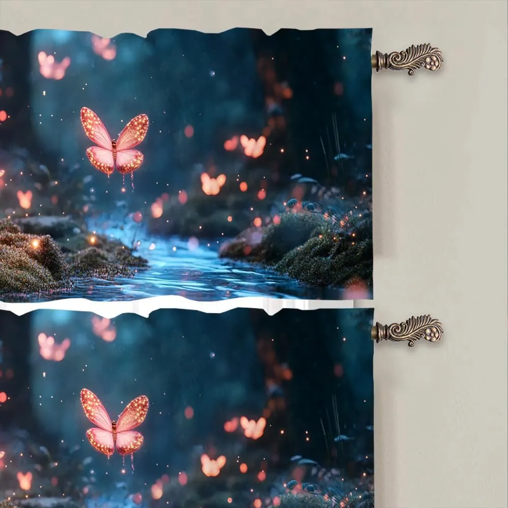 2 Panels Jungle Stream Fantasy Curtain Valance for Windows, Butterfly Mushroom Plant Rod Pocket Short Window Treatment Decor Drapes for Kitchen, Bathroom, 54" X 18"