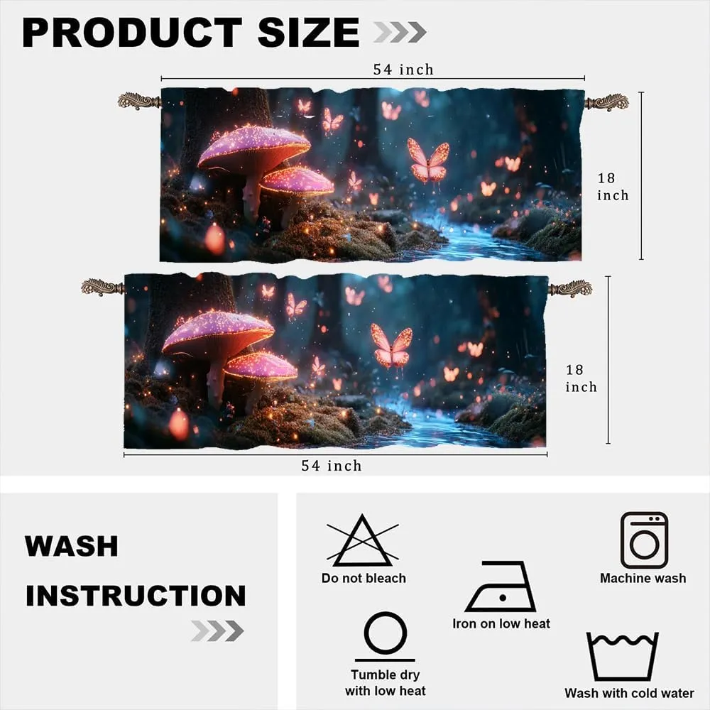 2 Panels Jungle Stream Fantasy Curtain Valance for Windows, Butterfly Mushroom Plant Rod Pocket Short Window Treatment Decor Drapes for Kitchen, Bathroom, 54" X 18"