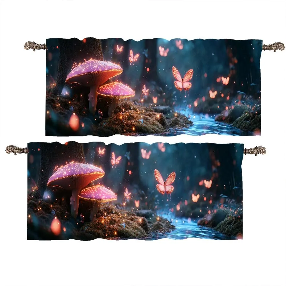 2 Panels Jungle Stream Fantasy Curtain Valance for Windows, Butterfly Mushroom Plant Rod Pocket Short Window Treatment Decor Drapes for Kitchen, Bathroom, 54" X 18"