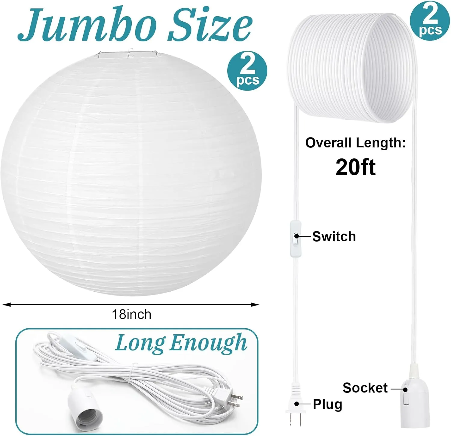 2 Sets Jumbo Paper Lanterns with Lamp Cord Cable White Hanging Paper Lanterns Chinese Japanese Pendant Hanging Lamp for Birthday Wedding Bridal Anniversary Party Decoration (Round, 18 Inch)