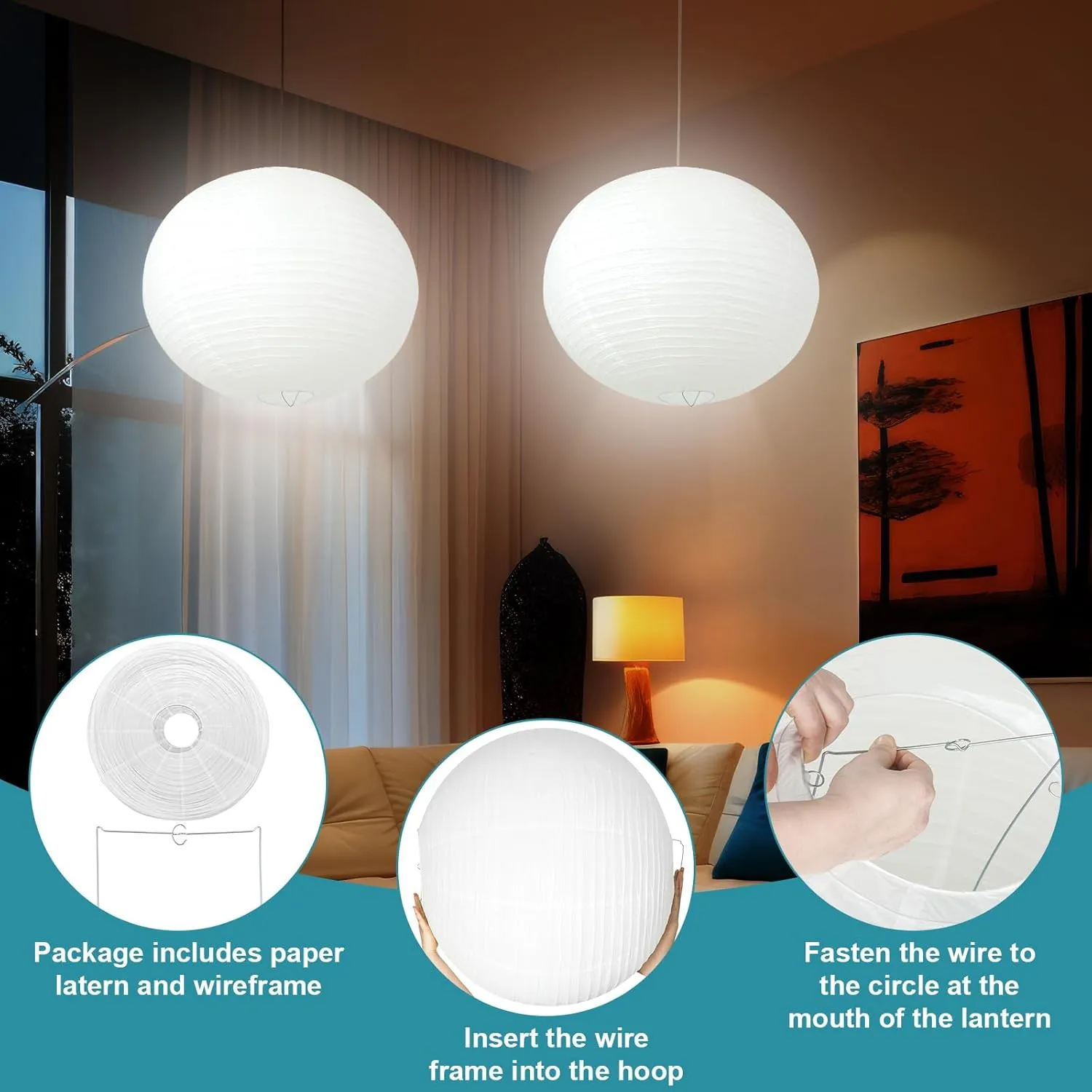 2 Sets Jumbo Paper Lanterns with Lamp Cord Cable White Hanging Paper Lanterns Chinese Japanese Pendant Hanging Lamp for Birthday Wedding Bridal Anniversary Party Decoration (Round, 18 Inch)