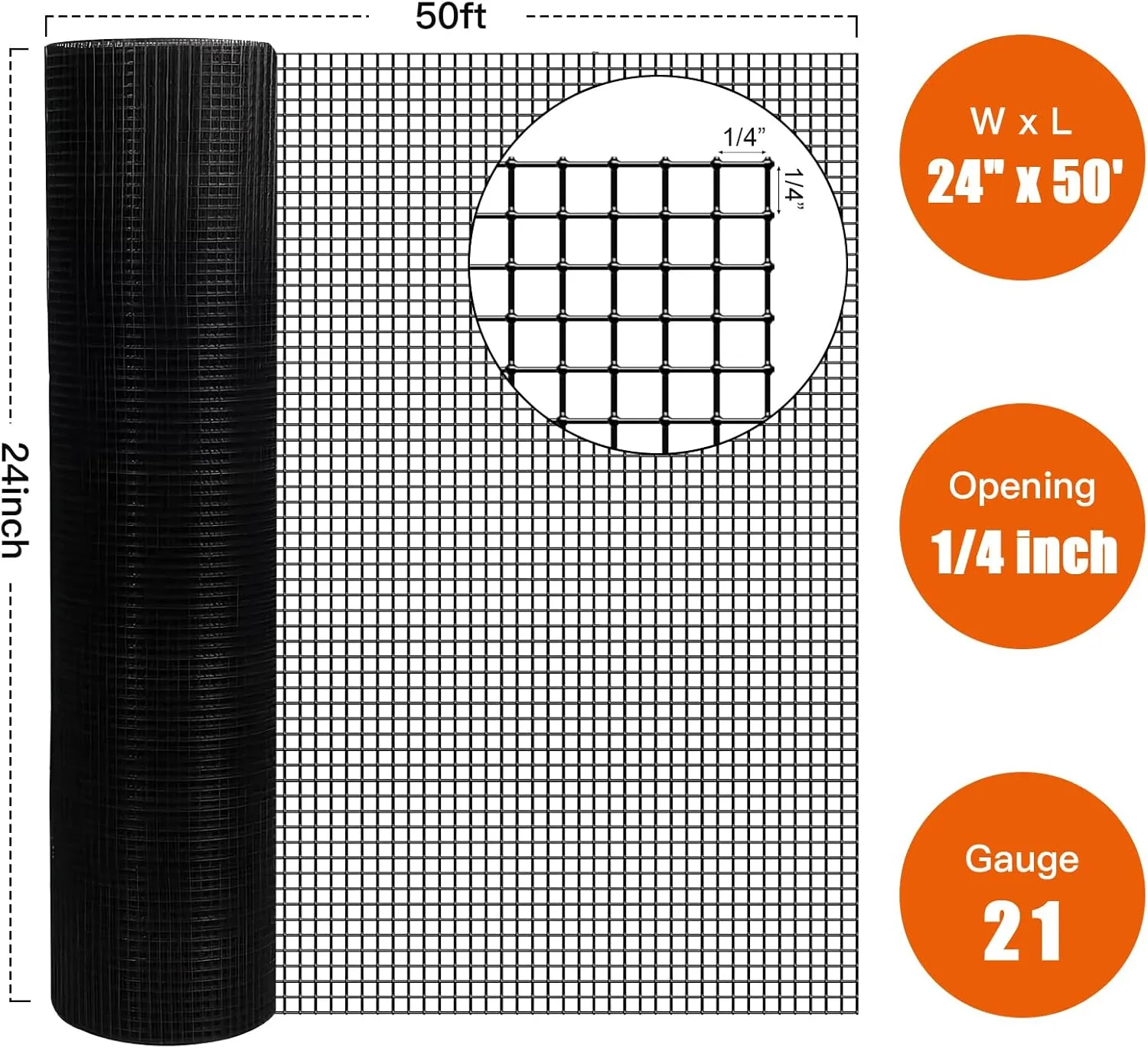 24" x 50' 1/4inch Hardware Cloth, Black Vinyl Coated Chicken Wire Fence Galvanized Welded Mesh Roll for Home Garden Rabbit Cage