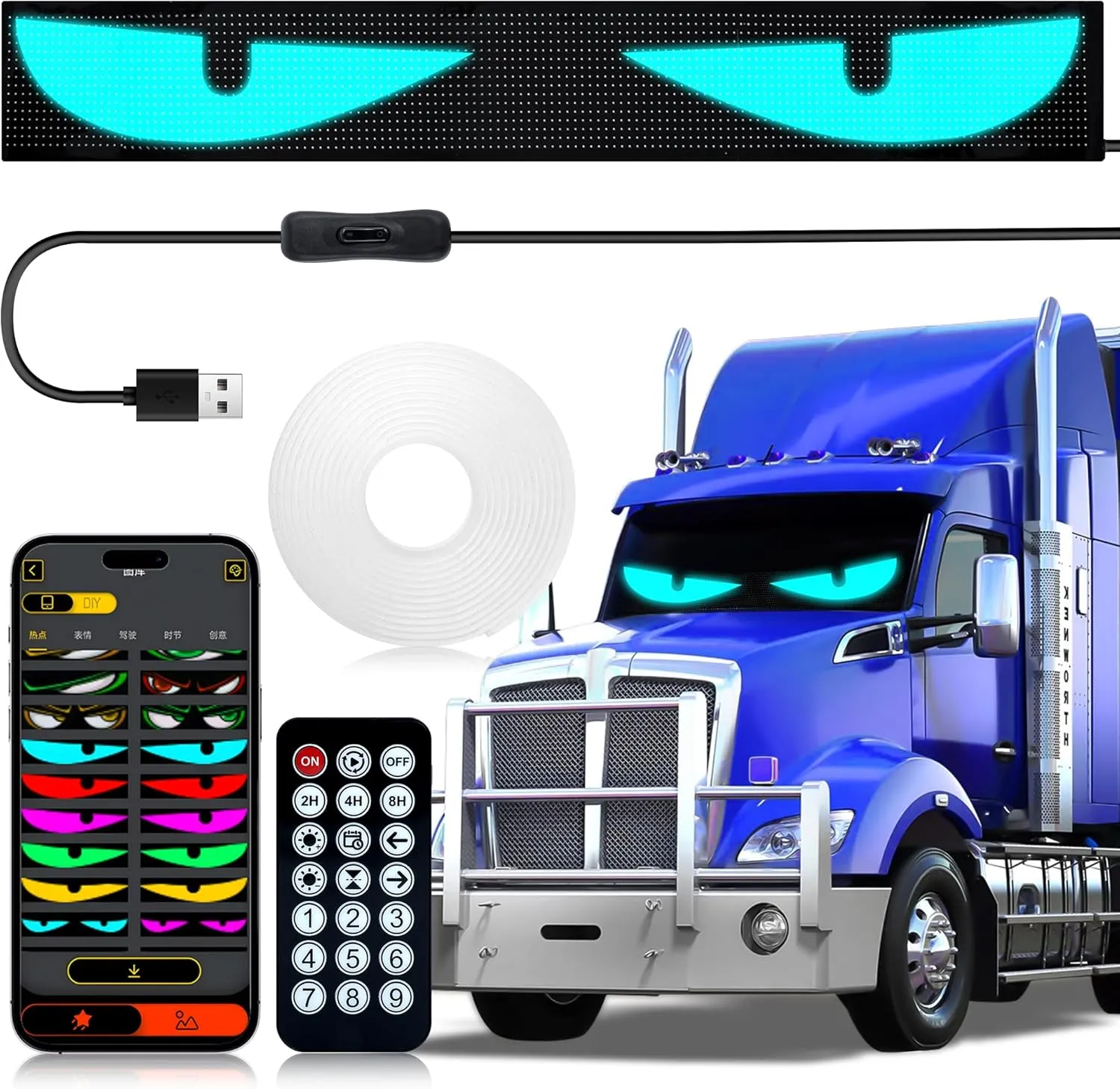 69.4" Heavy-Duty Truck LED Devil's Eye Light Bar - Professional Grade Programmable Dynamic Lighting System with Dual Bluetooth APP & Remote Control - for Semi-Truck/Windshield Modification