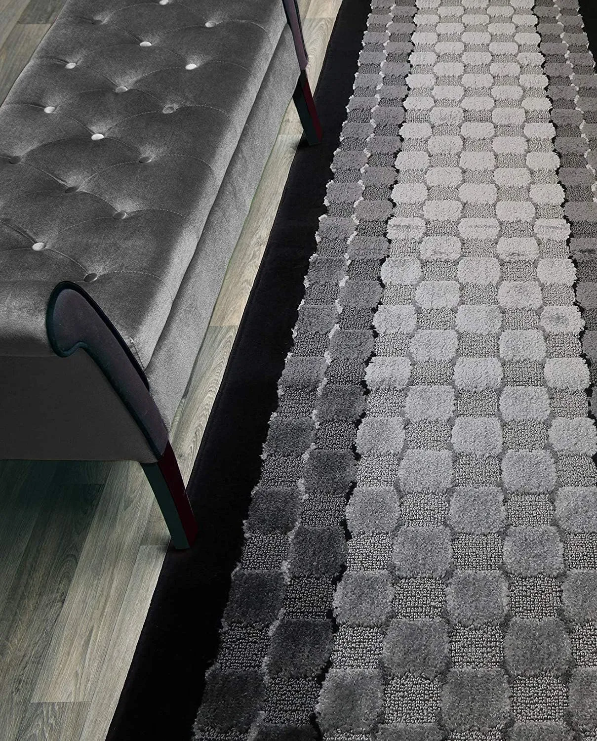 7 ft Long Non-Slip Washable Carpet Runner Rug with Rubber Backing, Custom Floor Mat for Kitchen Hallway Stairs Bedroom Bathroom Entryway, Checkered Black - Grey, Your Choice of Length, (26" X 7')