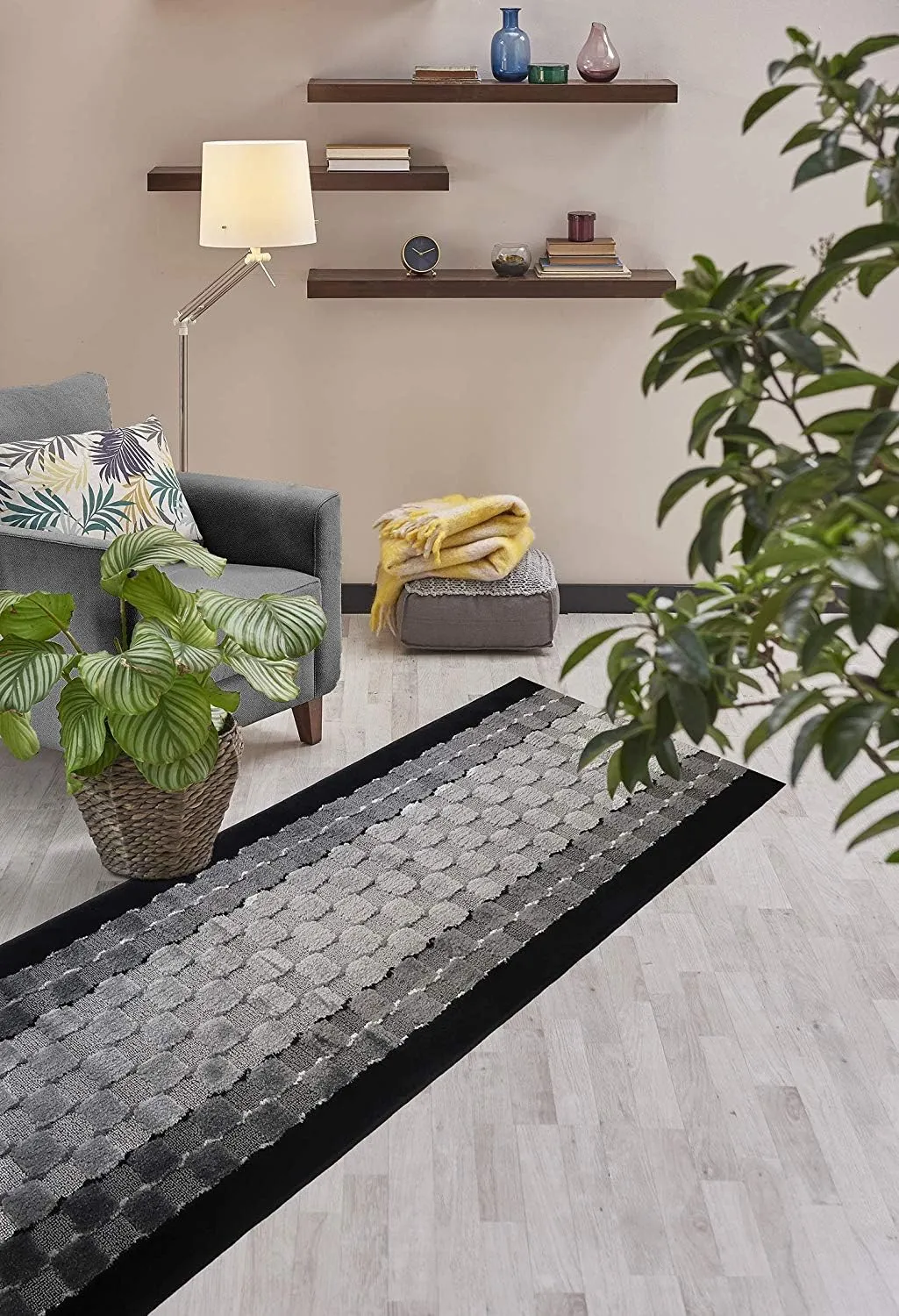 7 ft Long Non-Slip Washable Carpet Runner Rug with Rubber Backing, Custom Floor Mat for Kitchen Hallway Stairs Bedroom Bathroom Entryway, Checkered Black - Grey, Your Choice of Length, (26" X 7')
