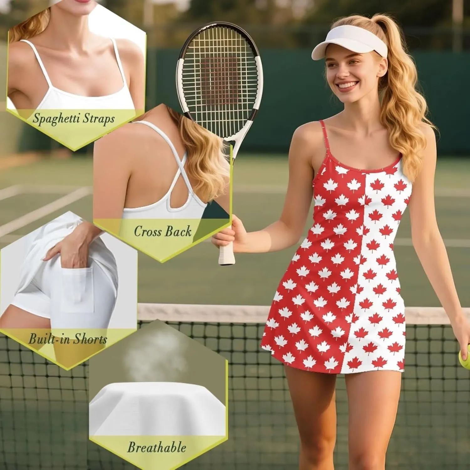 Active Dress with Shorts Underneath Tennis Dress Spaghetti Strap Casual Athletic Sports Outfits