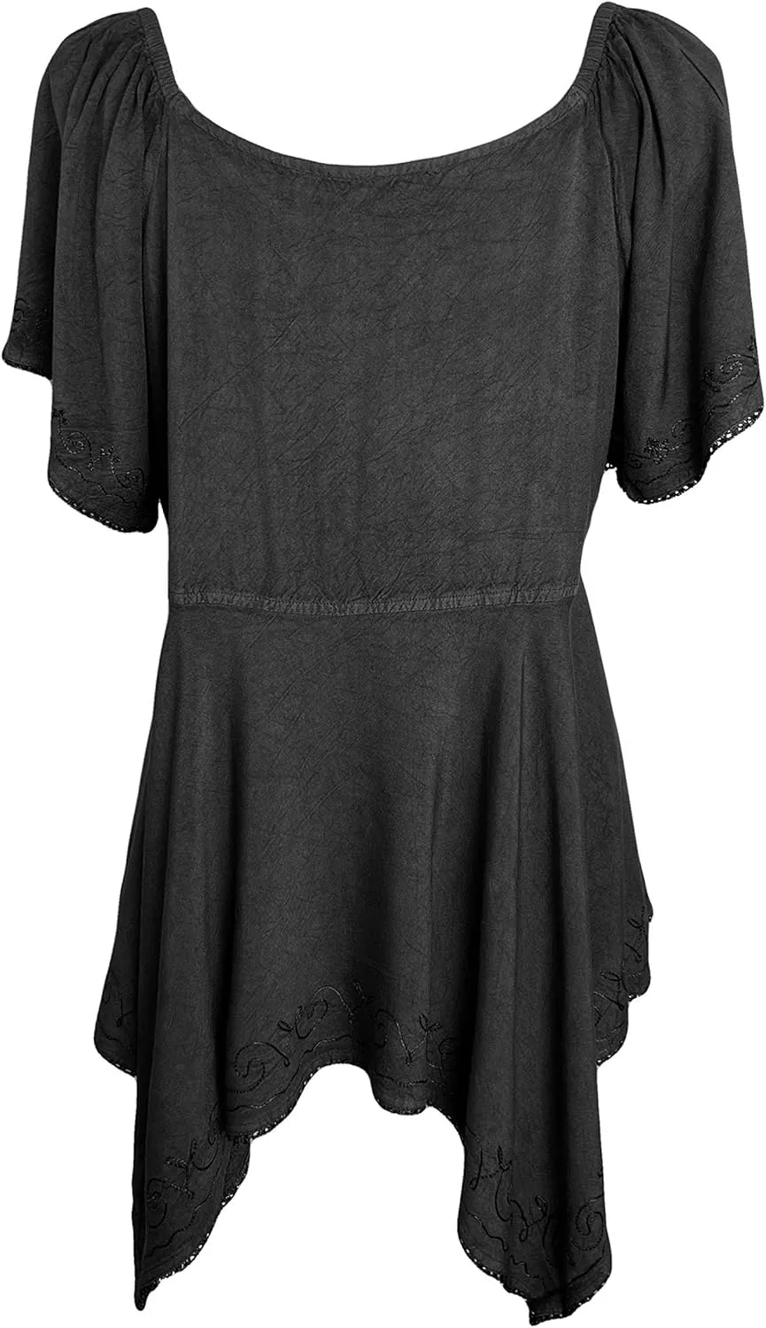 Agan Traders 2025 Summer Asymmetrical Handkerchief Diamond Neck Embroidered Tops - Empire Waist Cap Sleeve Women's Blouse