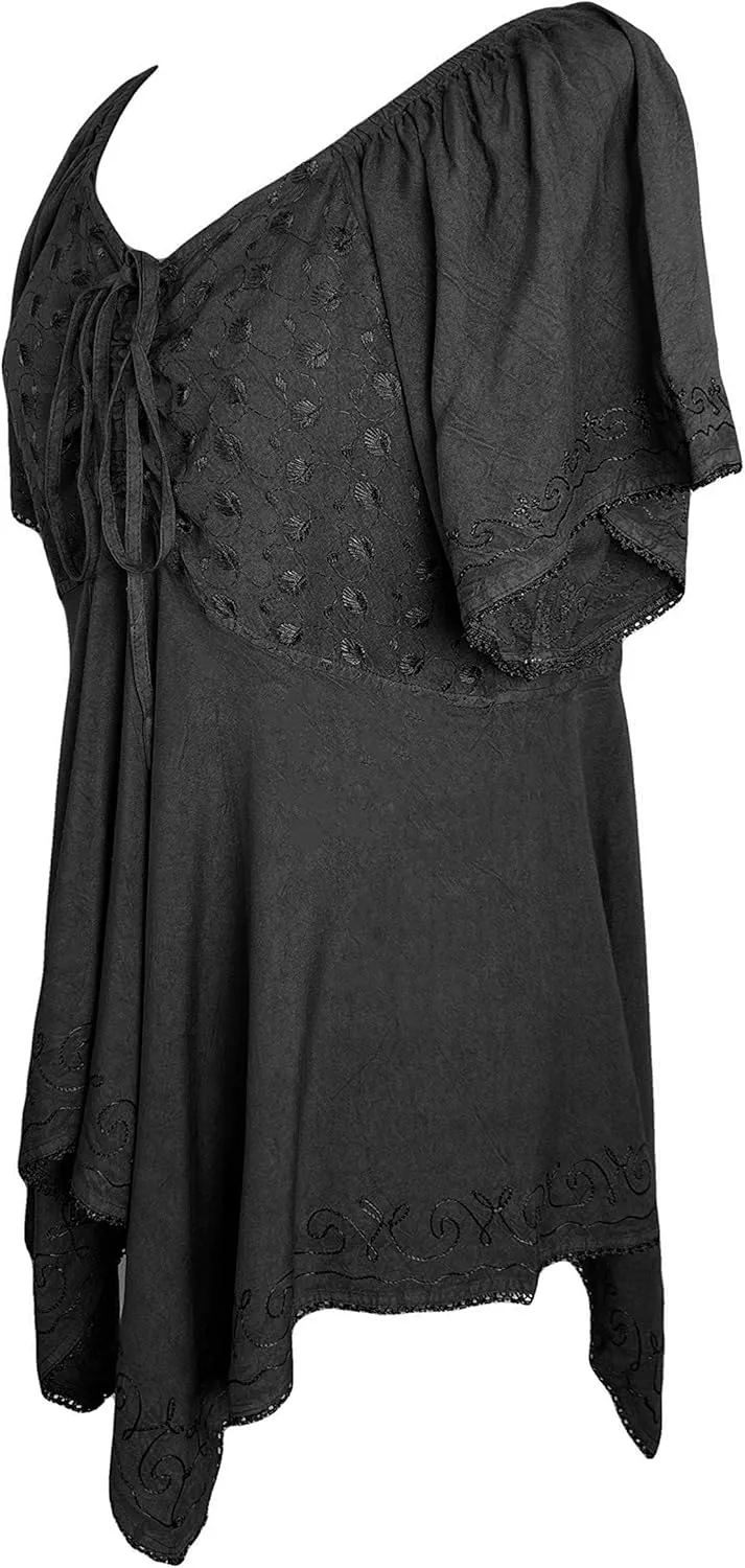 Agan Traders 2025 Summer Asymmetrical Handkerchief Diamond Neck Embroidered Tops - Empire Waist Cap Sleeve Women's Blouse