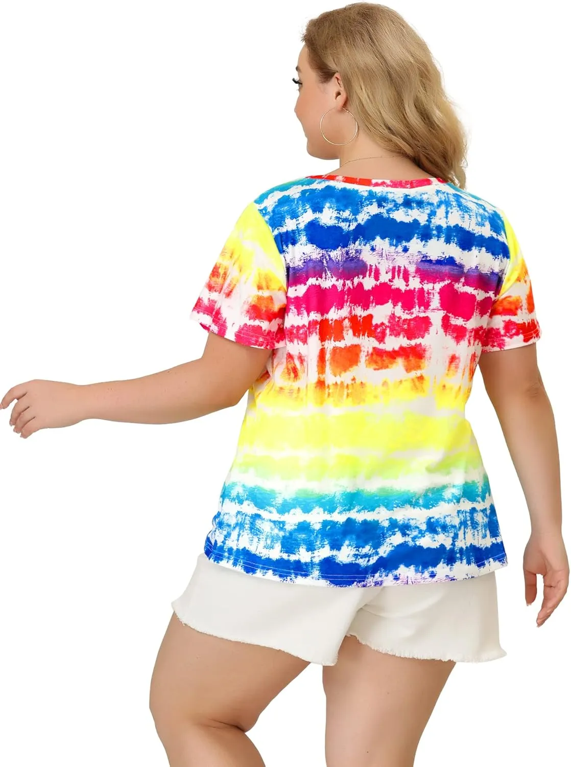 Agnes Orinda Plus Size Blouse for Women Round Neck Short Sleeve T-Shirts Rainbow Tie Dye Tee Tops