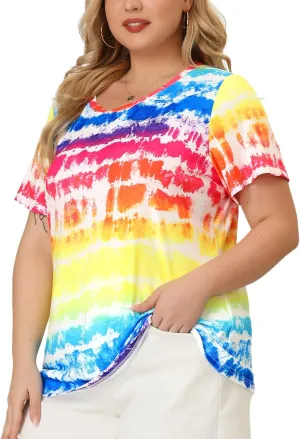 Agnes Orinda Plus Size Blouse for Women Round Neck Short Sleeve T-Shirts Rainbow Tie Dye Tee Tops