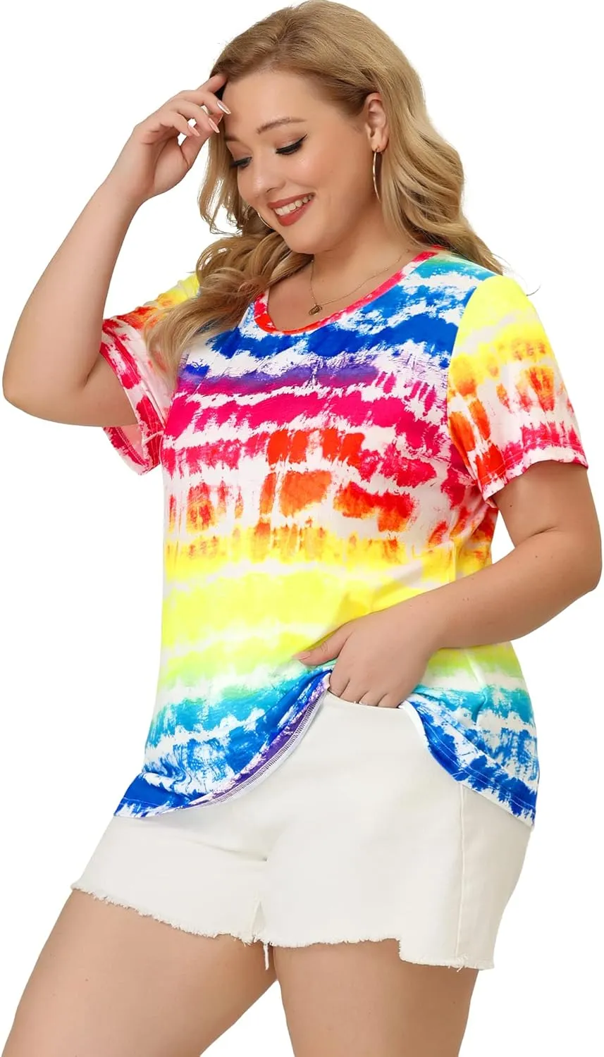 Agnes Orinda Plus Size Blouse for Women Round Neck Short Sleeve T-Shirts Rainbow Tie Dye Tee Tops