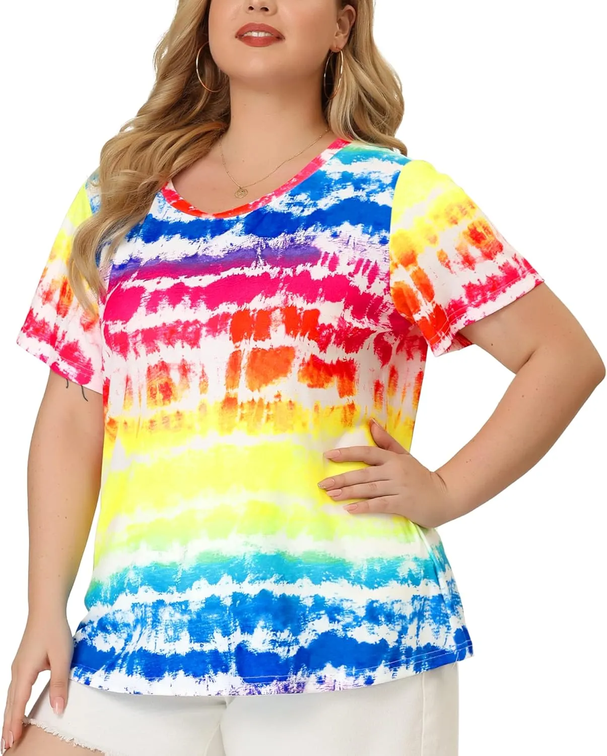 Agnes Orinda Plus Size Blouse for Women Round Neck Short Sleeve T-Shirts Rainbow Tie Dye Tee Tops