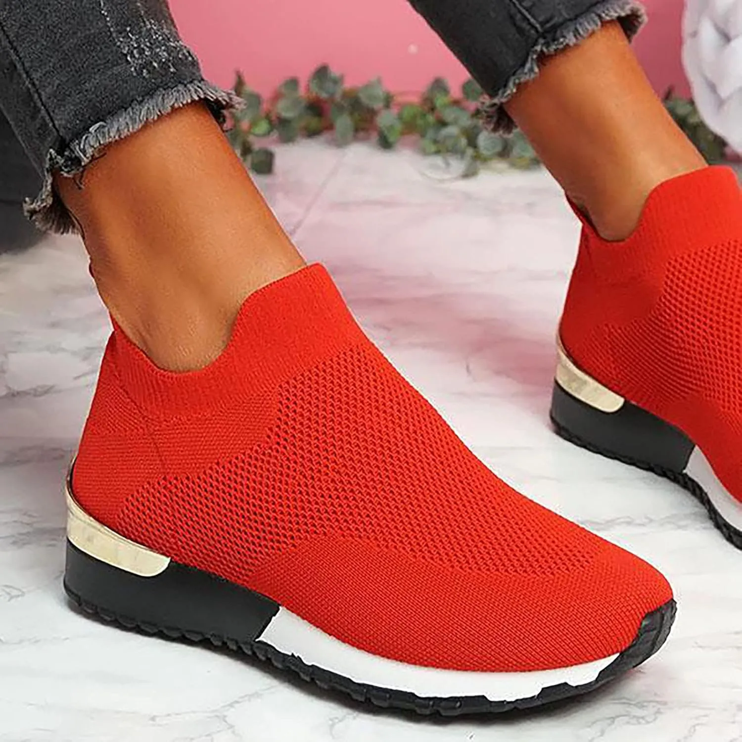 Air Cushion Slip-on Walking Shoes for Women,Orthopedic Diabetic Walking Shoes with Arch Support,Casual Breathable Knit Mesh Wedge Platform Sneaker Sandals