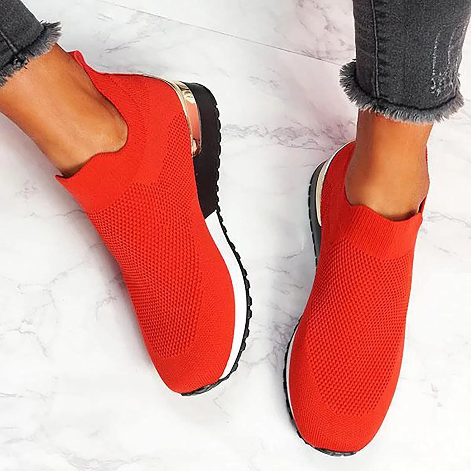 Air Cushion Slip-on Walking Shoes for Women,Orthopedic Diabetic Walking Shoes with Arch Support,Casual Breathable Knit Mesh Wedge Platform Sneaker Sandals