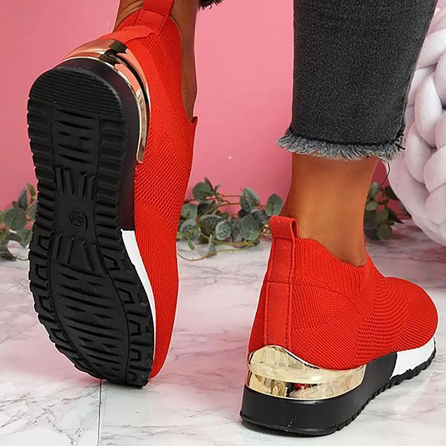 Air Cushion Slip-on Walking Shoes for Women,Orthopedic Diabetic Walking Shoes with Arch Support,Casual Breathable Knit Mesh Wedge Platform Sneaker Sandals