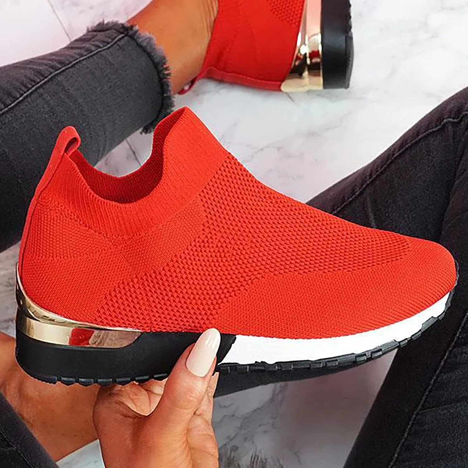 Air Cushion Slip-on Walking Shoes for Women,Orthopedic Diabetic Walking Shoes with Arch Support,Casual Breathable Knit Mesh Wedge Platform Sneaker Sandals