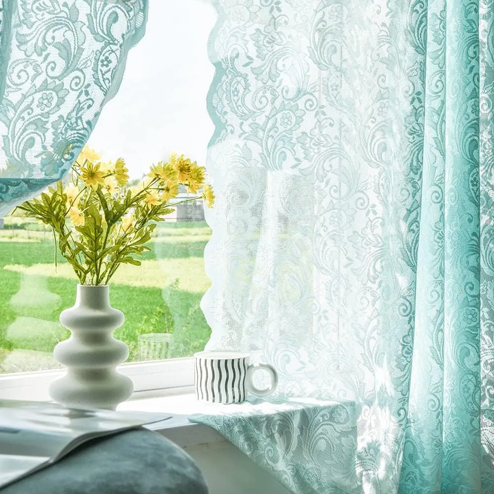 ALIGOGO Mint Green Curtains for Bedroom - Lace Sheer Seafoam Aqua Curtains 63 Inches Length for Baby Girl Bedroom, Rod Pocket Ocean Coastal Beach Summer Decor 52 W x 63 L, 1 Pair, Aqua