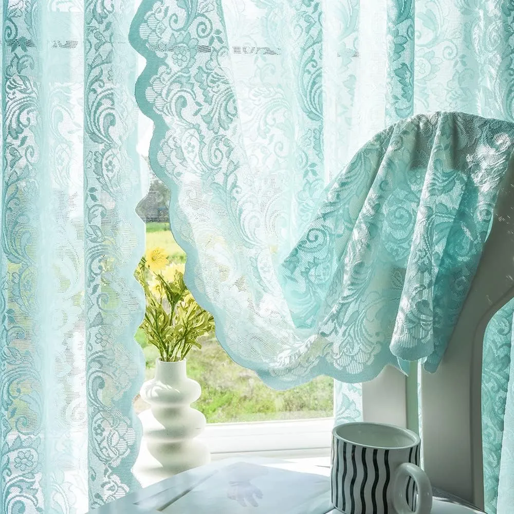 ALIGOGO Mint Green Curtains for Bedroom - Lace Sheer Seafoam Aqua Curtains 63 Inches Length for Baby Girl Bedroom, Rod Pocket Ocean Coastal Beach Summer Decor 52 W x 63 L, 1 Pair, Aqua