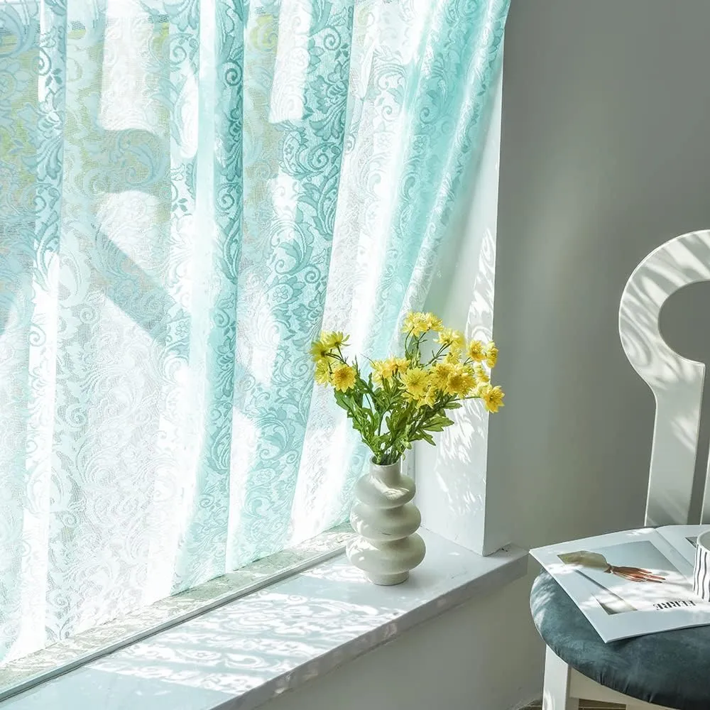 ALIGOGO Mint Green Curtains for Bedroom - Lace Sheer Seafoam Aqua Curtains 63 Inches Length for Baby Girl Bedroom, Rod Pocket Ocean Coastal Beach Summer Decor 52 W x 63 L, 1 Pair, Aqua