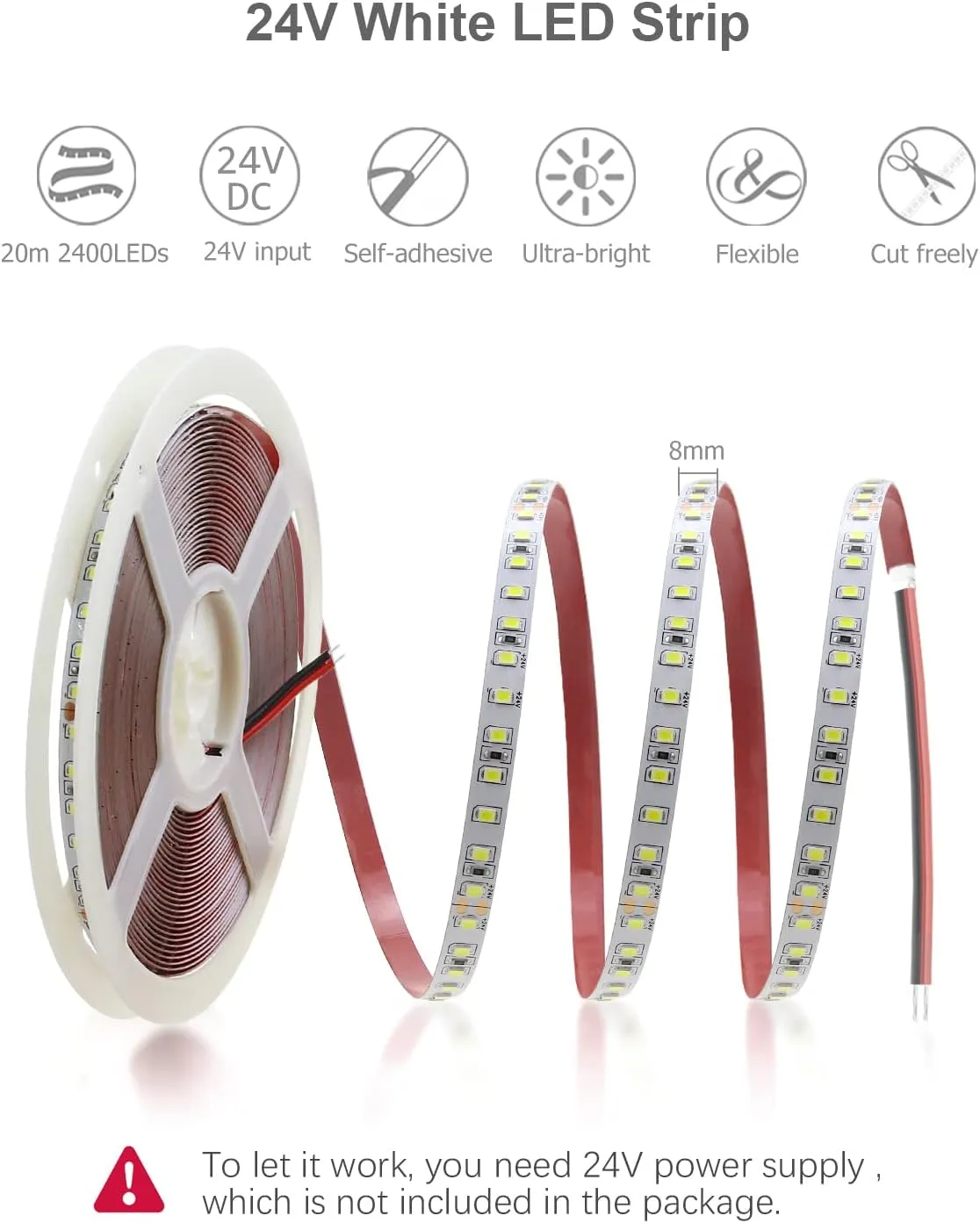 ALITOVE 65.6ft White LED Strip Lights Daylight 6000K 24V Ultra-Bright 120LEDS/M High-Density LED Flexible Light Strip 20M 2400 LEDs 2835 SMD Commercial Grade Rope Lights (No Power Adapter)