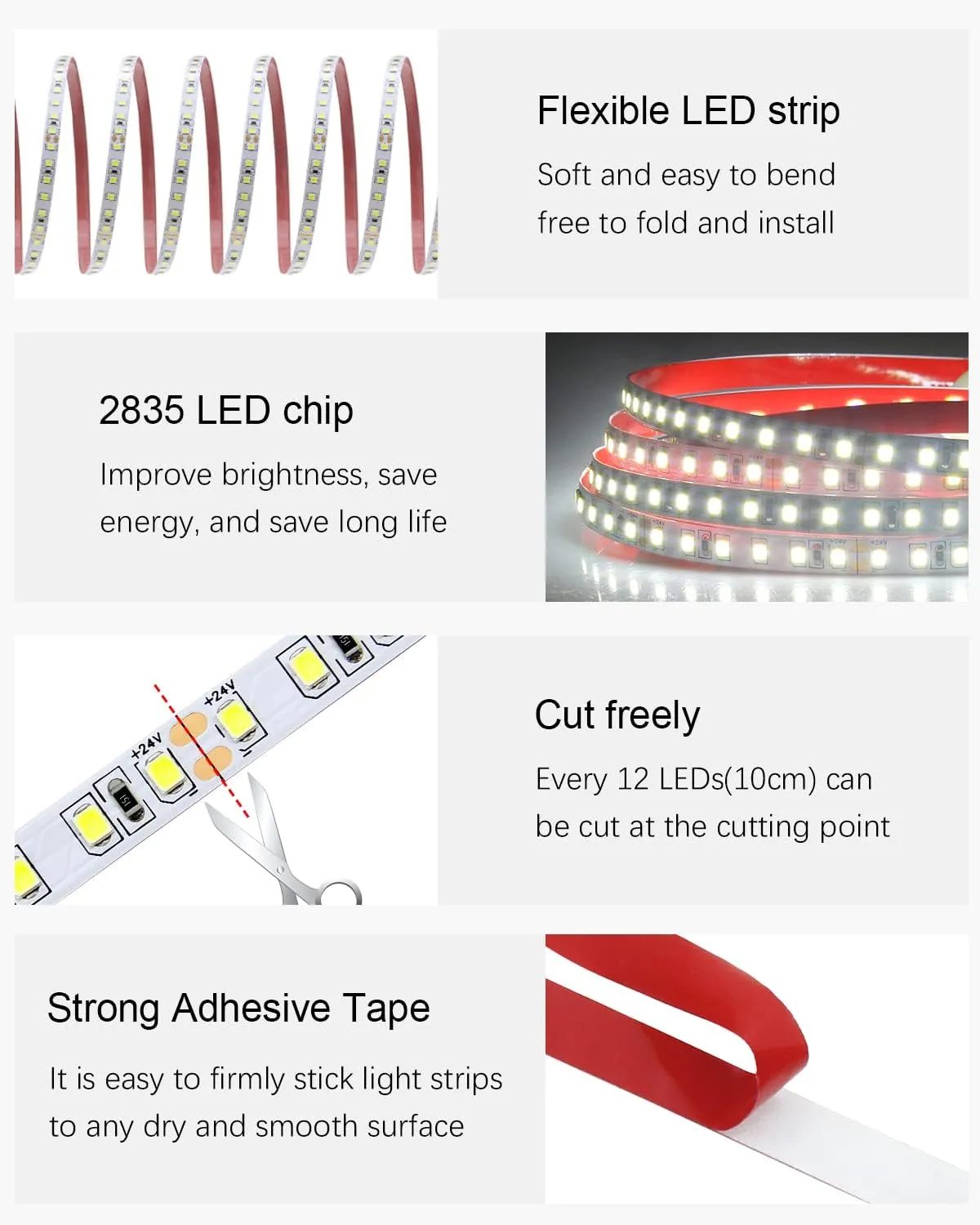 ALITOVE 65.6ft White LED Strip Lights Daylight 6000K 24V Ultra-Bright 120LEDS/M High-Density LED Flexible Light Strip 20M 2400 LEDs 2835 SMD Commercial Grade Rope Lights (No Power Adapter)