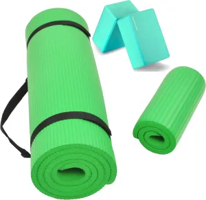 All Purpose 1/2-Inch Extra Thick High Density Anti-Tear Exercise Yoga Mat and Knee Pad with Carrying Strap and Optional Yoga Blocks, Multiple
