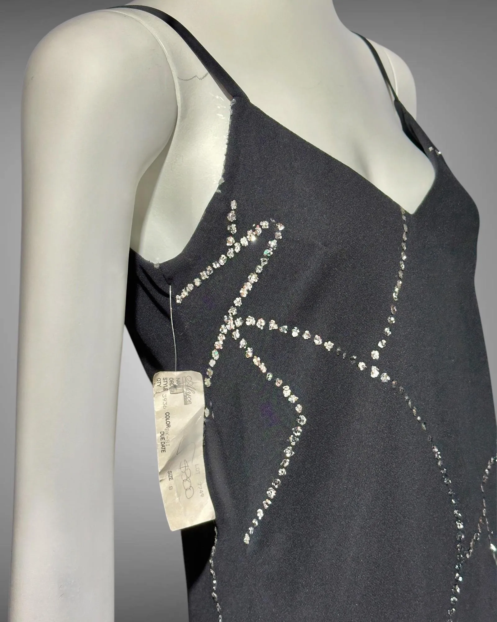 ALYCE vintage 1990s black asymmetrical sheath cocktail dress, New Old stock, silver sequins