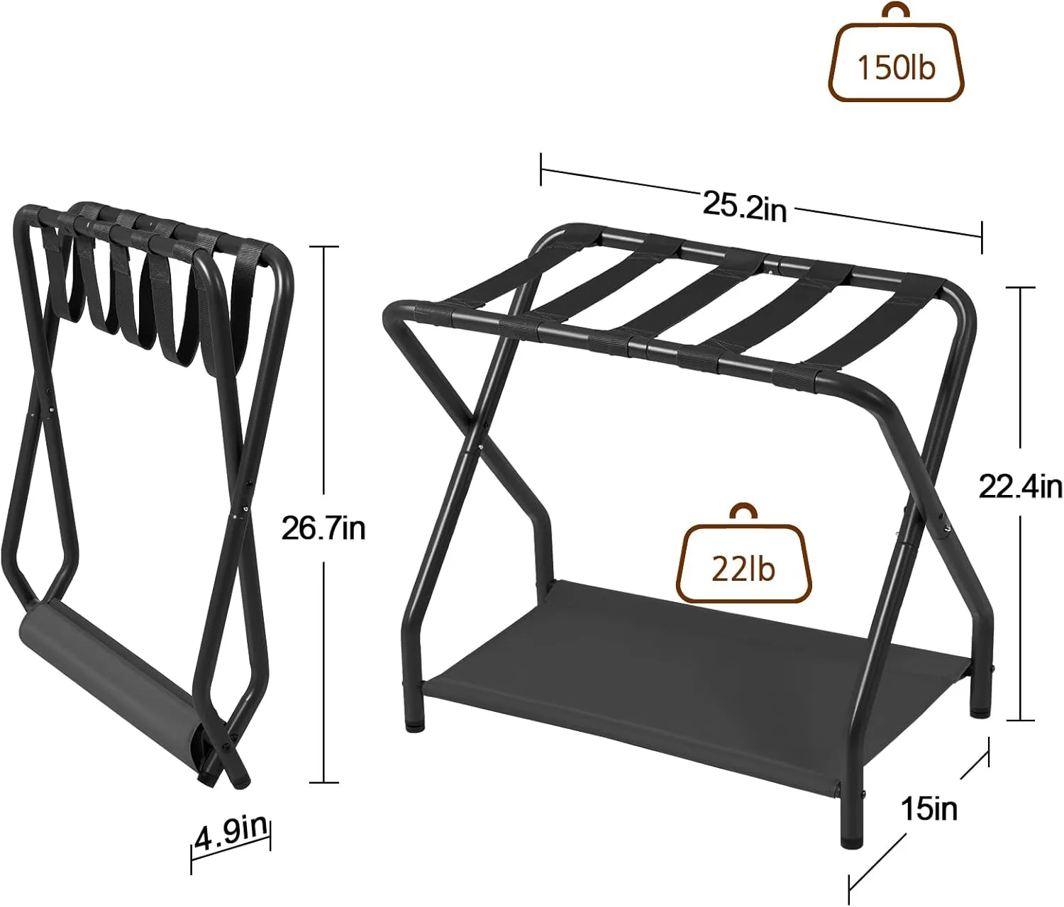 AMHANCIBLE Luggage Rack, Set of 2, Foldable Suitcase Stands for Guest Room, Metal Luggage Holder with Storage Shelf for Bedroom, Hotel, Easy Assemble, Black HLR02BK