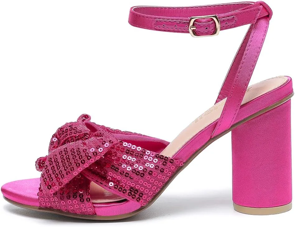 Amoji Women's Block Sequin Heeled 3.7 Inch Sandal Bowknot Ankle Strap Wedding Party Dress Shoes 304