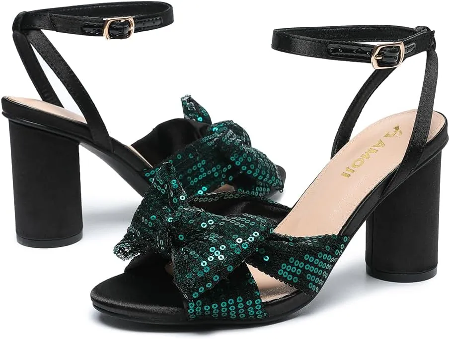 Amoji Women's Block Sequin Heeled 3.7 Inch Sandal Bowknot Ankle Strap Wedding Party Dress Shoes 304