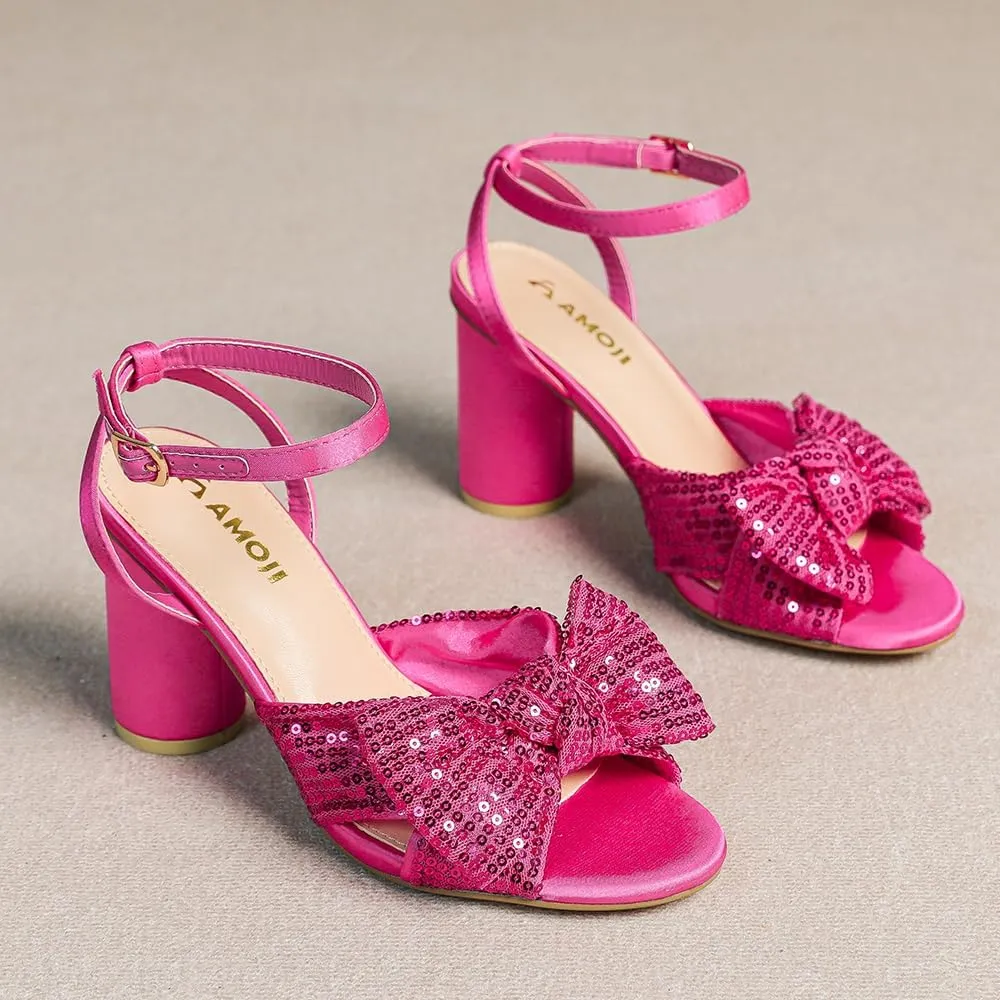 Amoji Women's Block Sequin Heeled 3.7 Inch Sandal Bowknot Ankle Strap Wedding Party Dress Shoes 304