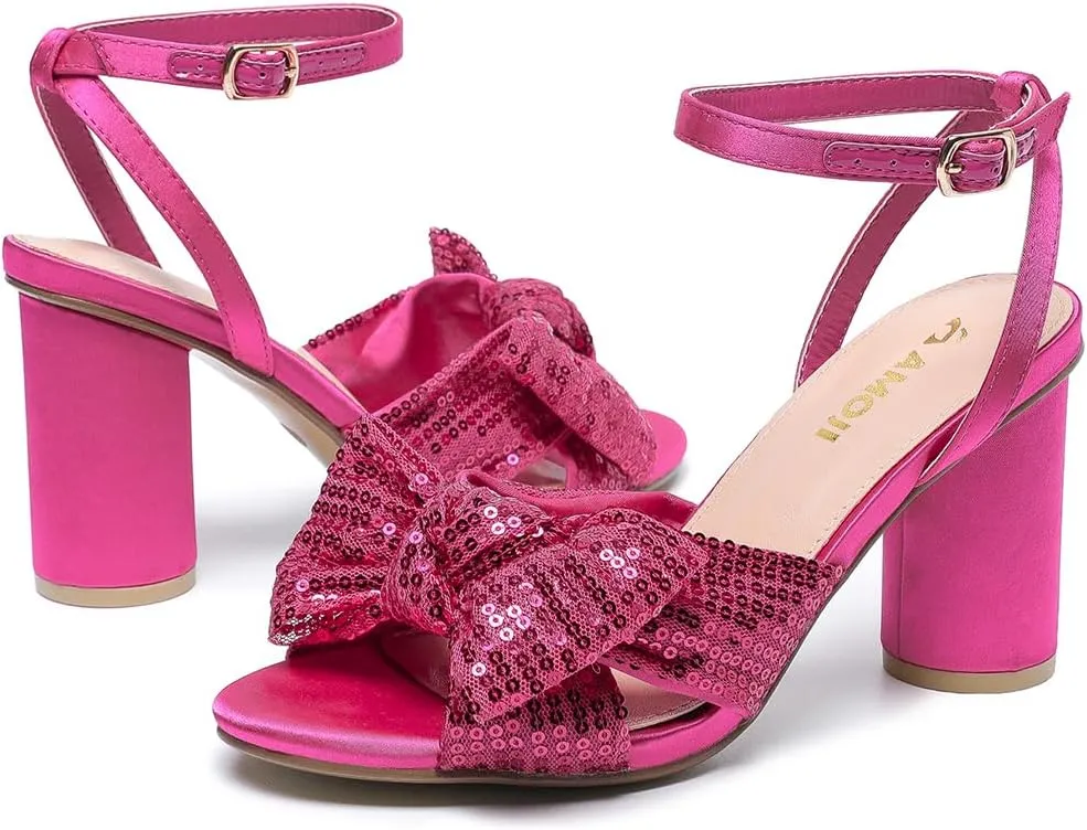 Amoji Women's Block Sequin Heeled 3.7 Inch Sandal Bowknot Ankle Strap Wedding Party Dress Shoes 304