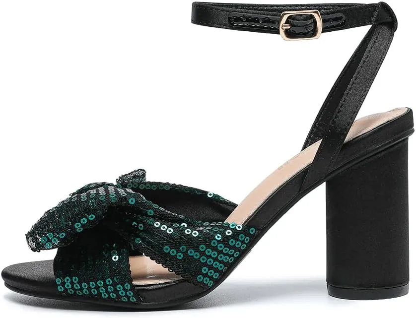 Amoji Women's Block Sequin Heeled 3.7 Inch Sandal Bowknot Ankle Strap Wedding Party Dress Shoes 304