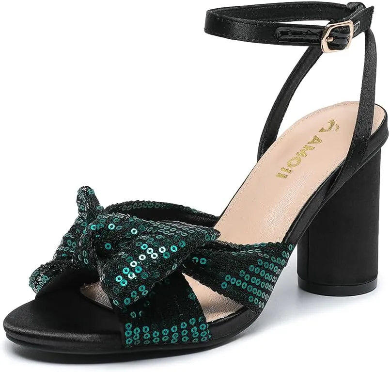 Amoji Women's Block Sequin Heeled 3.7 Inch Sandal Bowknot Ankle Strap Wedding Party Dress Shoes 304