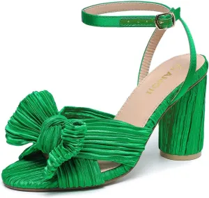Amoji Women's Satin Block Heeled 3 Inch-4 Inch Sandal Bowknot Pleated Ankle Strap for Wedding Party Dress Shoes 302