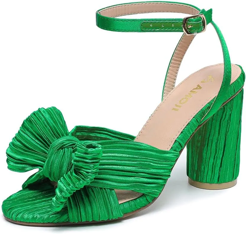 Amoji Women's Satin Block Heeled 3 Inch-4 Inch Sandal Bowknot Pleated Ankle Strap for Wedding Party Dress Shoes 302