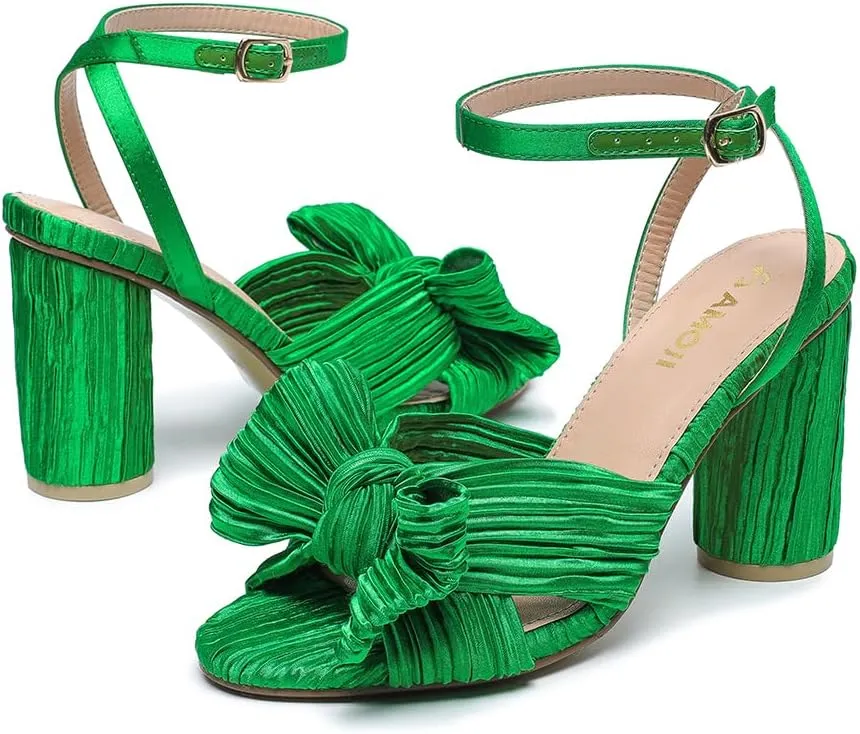 Amoji Women's Satin Block Heeled 3 Inch-4 Inch Sandal Bowknot Pleated Ankle Strap for Wedding Party Dress Shoes 302