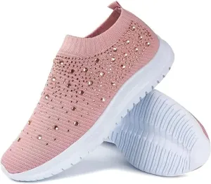 AngryMonkey Women's Rhinestones Mesh Sport Slip-on Shoes,Non Slip Good Arch Breathable Lightweight Casual Sock Sneaker Nurse Shoes