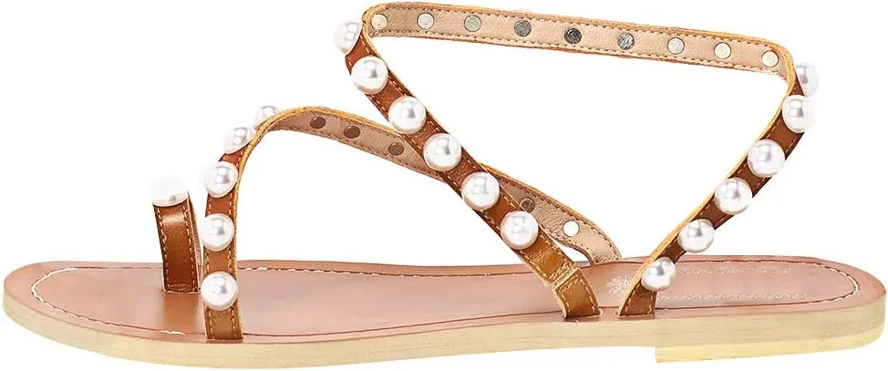 ANUFER Women's Bohemia Pearls Toe Ring Sandals/Slippers Summer Flat Flip Flops Beach Shoes
