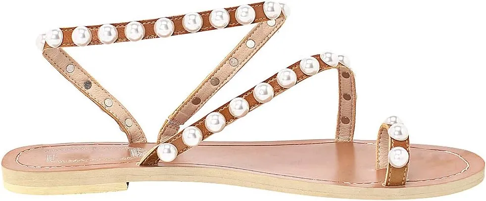 ANUFER Women's Bohemia Pearls Toe Ring Sandals/Slippers Summer Flat Flip Flops Beach Shoes