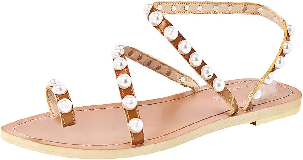 ANUFER Women's Bohemia Pearls Toe Ring Sandals/Slippers Summer Flat Flip Flops Beach Shoes
