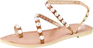 ANUFER Women's Bohemia Pearls Toe Ring Sandals/Slippers Summer Flat Flip Flops Beach Shoes