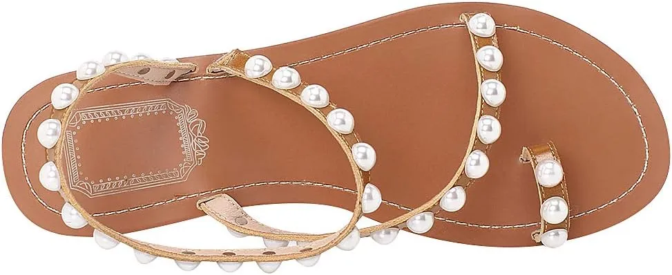 ANUFER Women's Bohemia Pearls Toe Ring Sandals/Slippers Summer Flat Flip Flops Beach Shoes