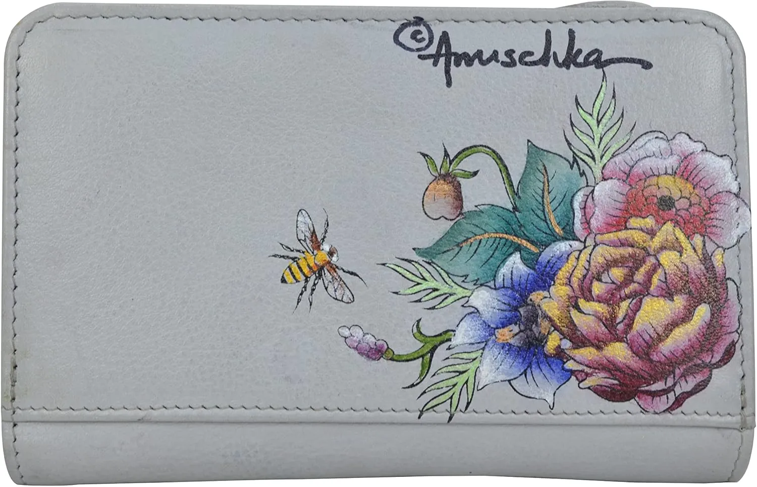 Anuschka Women’s Hand-Painted Genuine Leather Two Fold Organizer Wallet - Snap Button, RFID Protected Card Holders, ID Window