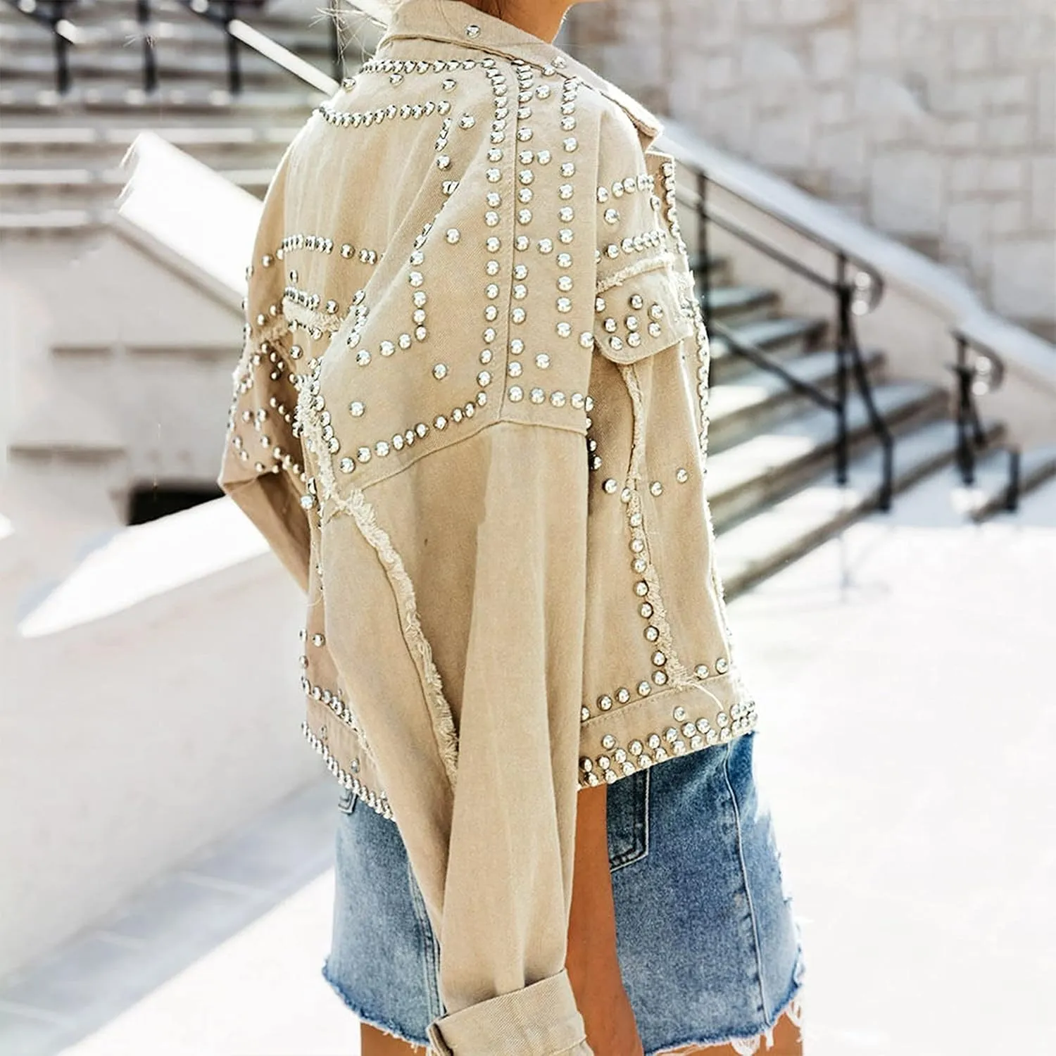 APAFES Women's Fashion Crop Fringe Denim Jacket Distressed Western Studded Black Trucker Jacket